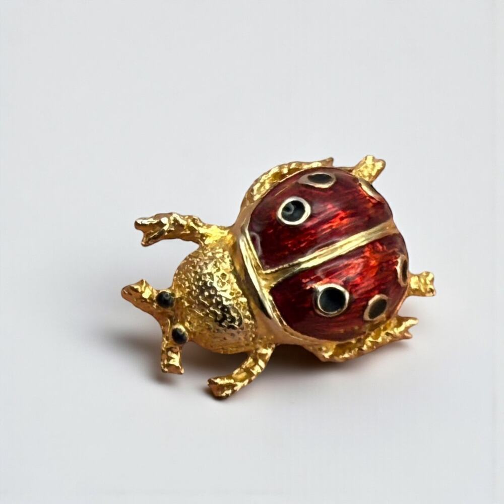 Vintage Erwin Pearl Red Lady Bug Gold Tone Pin Brooch Insect Whimsy Dainty Lucky